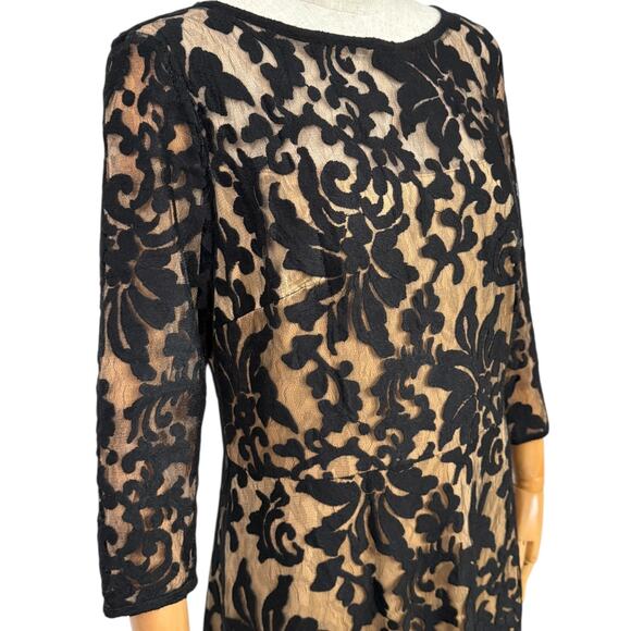 Tadashi Shoji Size 10 A-Line Midi Dress Black Corded Embroidery Tulle Overlay - Picture 3 of 10